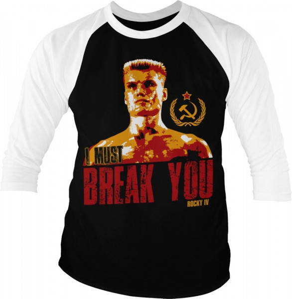 Rocky IV I Must Break You Baseball 3/4 Sleeve Tee T-Shirt White-Black