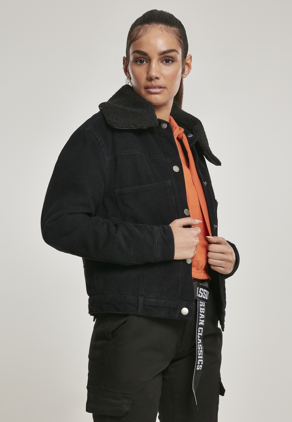 Urban Classics Women Ladies Jacket Oversized Black Corduroy Women | Jackets Sherpa Lifestyle Winter Jacket | 