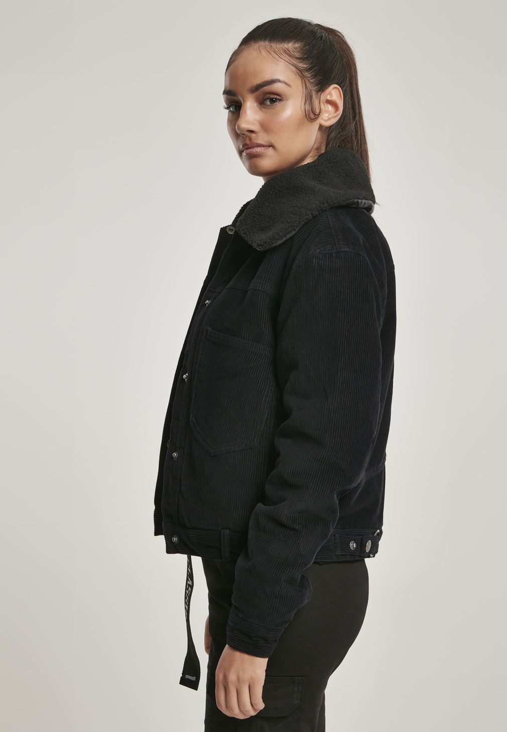 Urban Classics Jackets Women | Oversized Jacket Ladies | Corduroy Lifestyle Black Sherpa Jacket | Winter Women