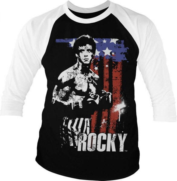 Rocky American Flag Baseball 3/4 Sleeve Tee T-Shirt White-Black