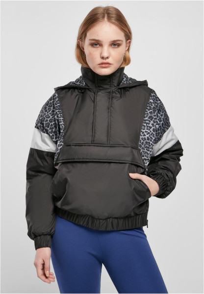 Urban Classics Damen Jacke Ladies Aop Mixed Pull Over Jacket Black/Snowleo/Lightasphalt