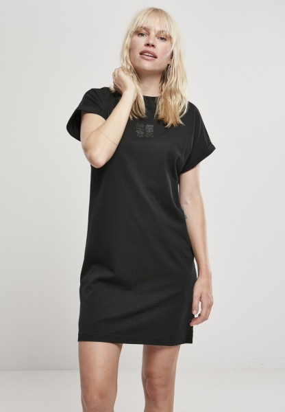 Urban Classics Damen Kleid Ladies Cut On Sleeve Printed Tee Dress Black/Black