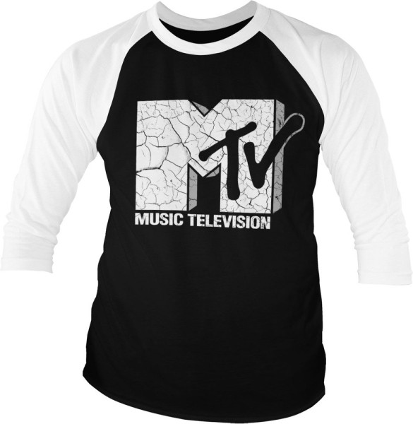 MTV Cracked Logo Baseball 3/4 Sleeve Tee T-Shirt White-Black