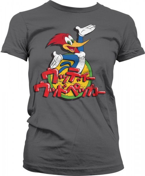 Woody Woodpecker Washed Japanese Logo Girly Tee Damen T-Shirt Dark-Grey