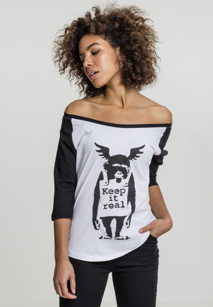 Merchcode Female Shirt Ladies Brandalised - Banksy´s Graffiti Ape Raglan Tee White/Black