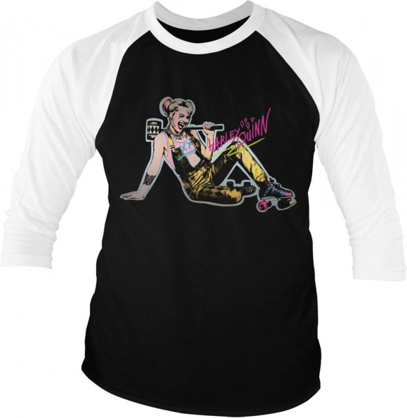 Birds of Prey Harley Quinn Roller Skates Baseball 3/4 Sleeve Tee T-Shirt White-Black