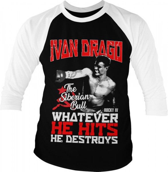 Rocky IV Ivan Drago The Siberian Bull Baseball 3/4 Sleeve Tee T-Shirt White-Black