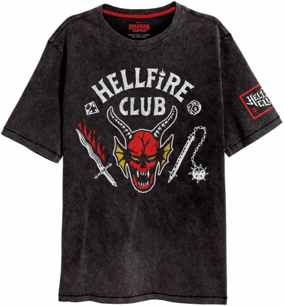 Stranger Things - HellFire Crest T-Shirt Black Acid Wash